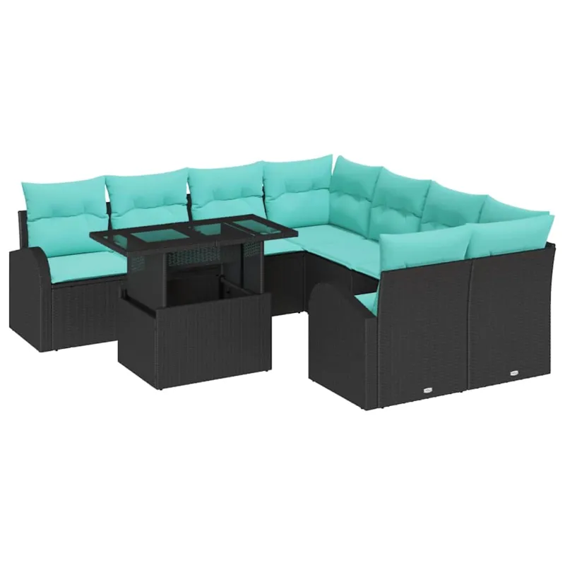 Sodo Sofų Rinkinys su pagalve 9 pcs Juoda Poli ratanas