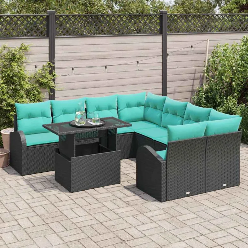 Sodo Sofų Rinkinys su pagalve 9 pcs Juoda Poli ratanas