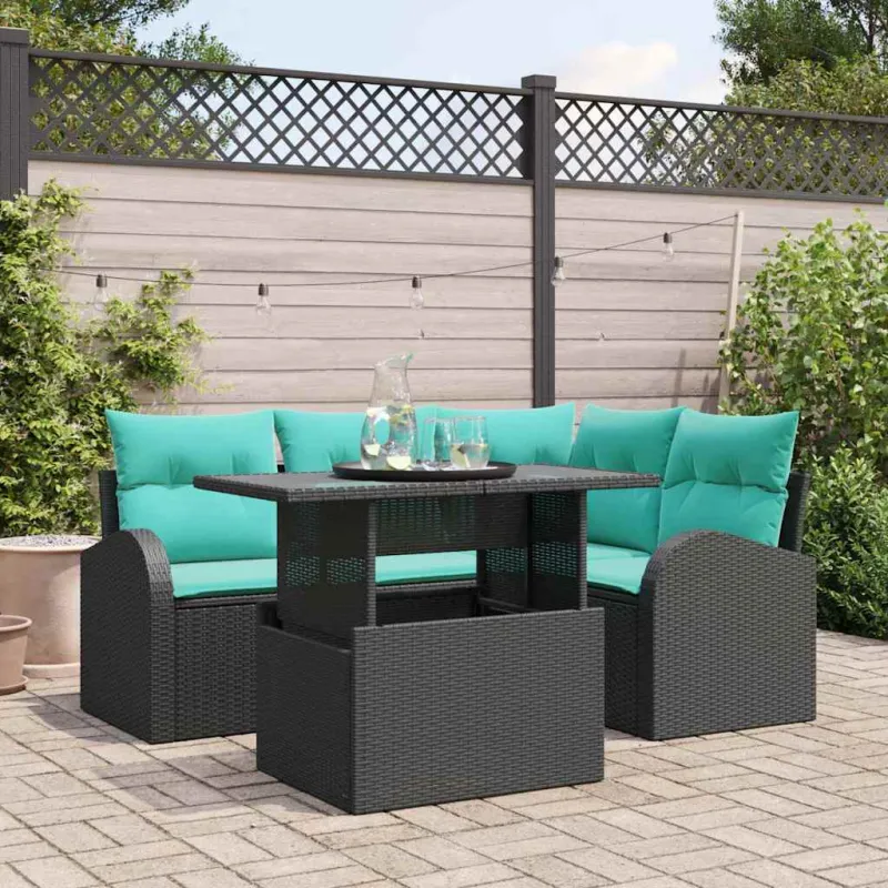 Sodo Sofų Rinkinys su pagalve 5 pcs Juoda Poli ratanas