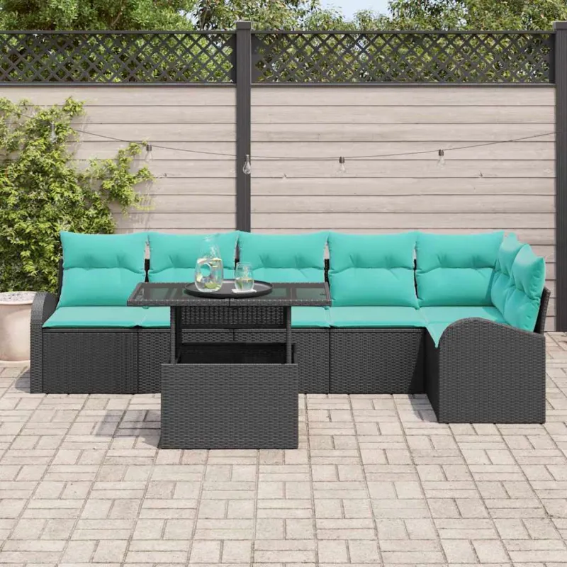 Sodo Sofų Rinkinys su pagalve 7 pcs Juoda Poli ratanas