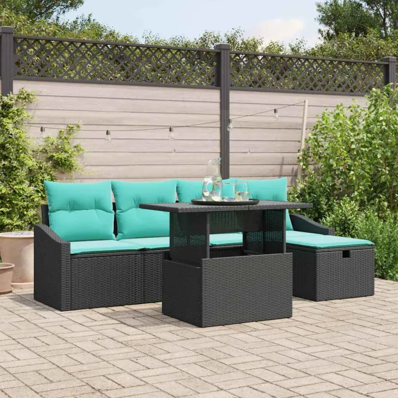 Sodo Sofų Rinkinys su pagalve 6 pcs Juoda Poli ratanas