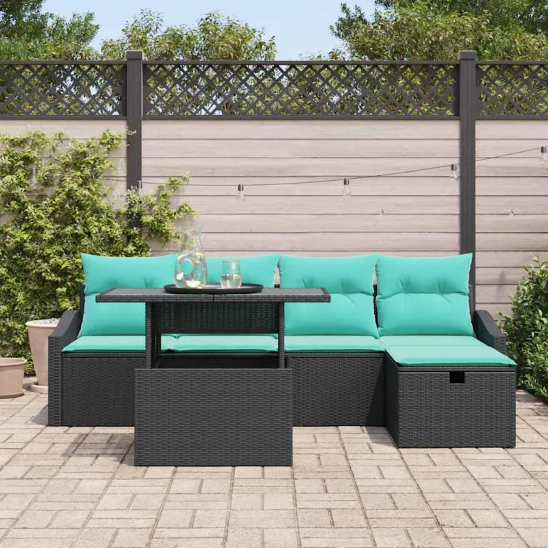 Sodo Sofų Rinkinys su pagalve 6 pcs Juoda Poli ratanas