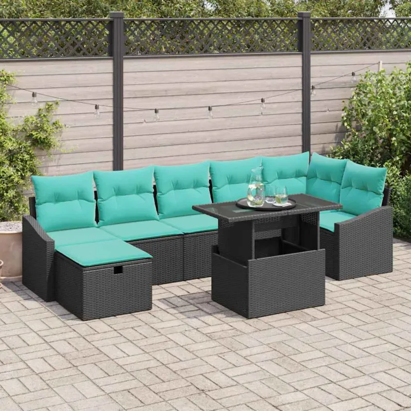 Sodo Sofų Rinkinys su pagalve 8 pcs Juoda Poli ratanas