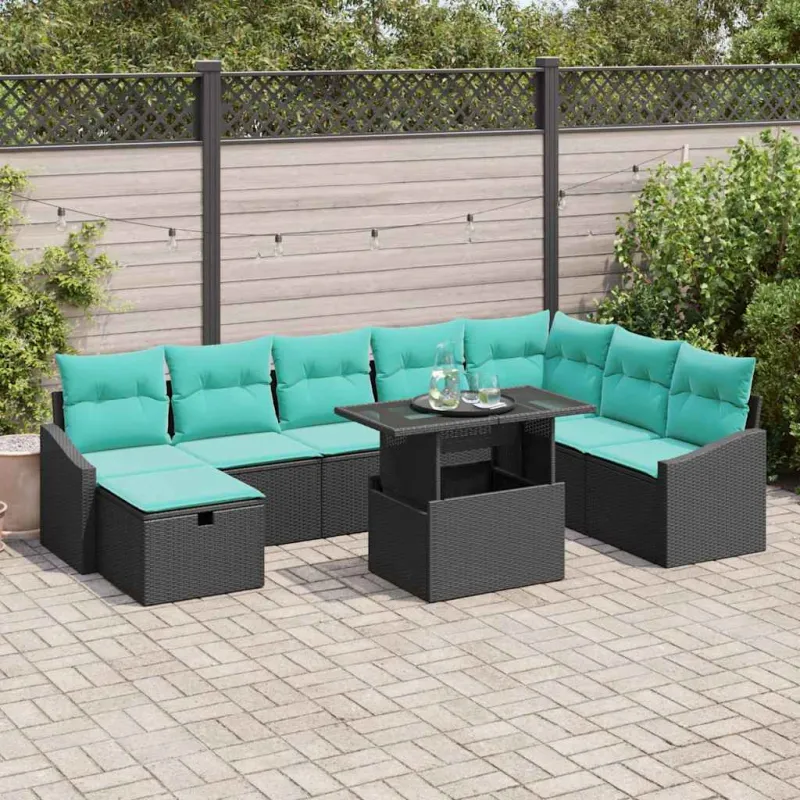 Sodo Sofų Rinkinys su pagalve 9 pcs Juoda Poli ratanas