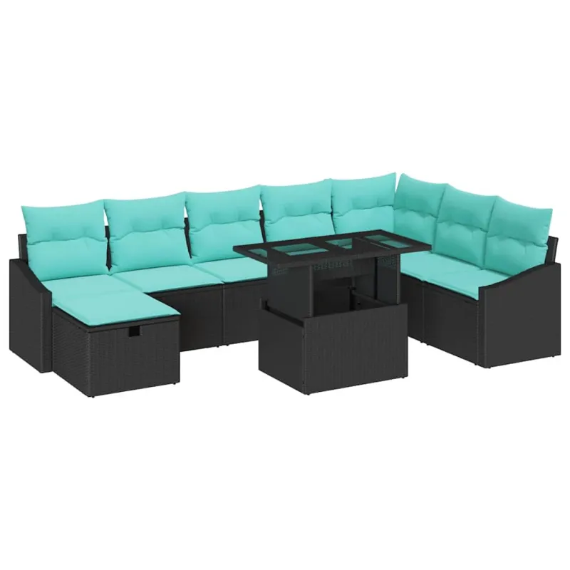 Sodo Sofų Rinkinys su pagalve 9 pcs Juoda Poli ratanas