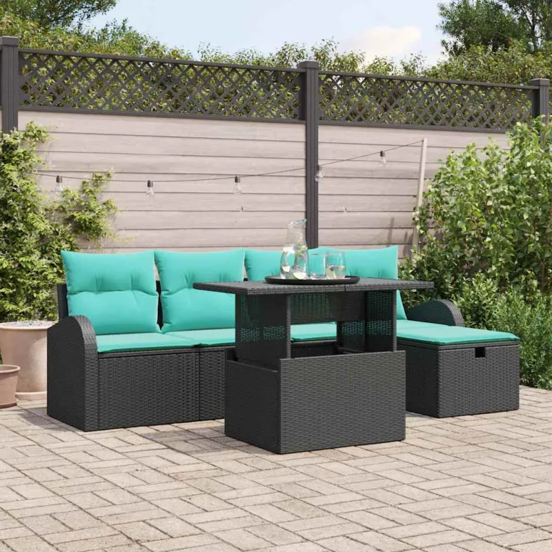 Sodo Sofų Rinkinys su pagalve 6 pcs Juoda Poli ratanas