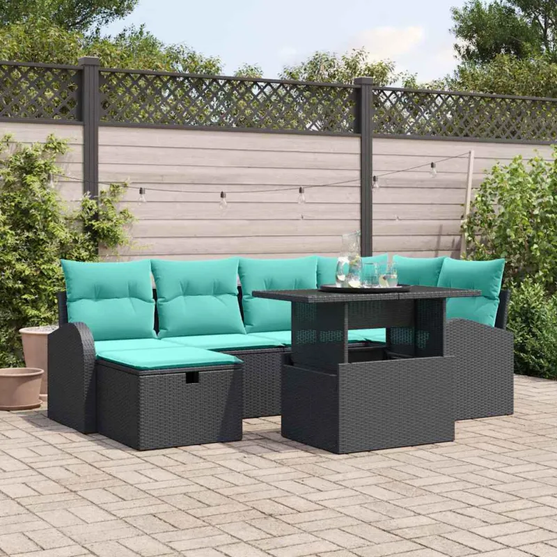 Sodo Sofų Rinkinys su pagalve 7 pcs Juoda Poli ratanas