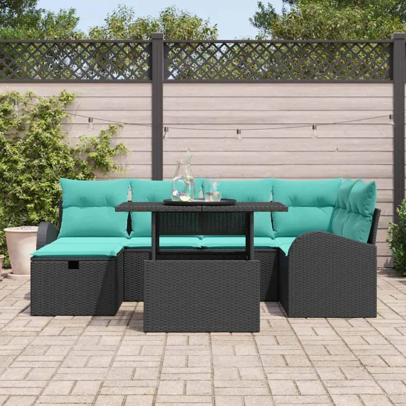 Sodo Sofų Rinkinys su pagalve 7 pcs Juoda Poli ratanas