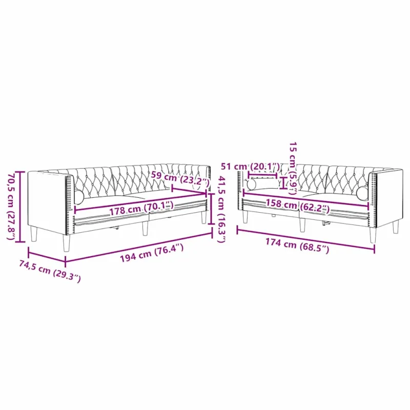 Svetainės sofa 2 pcs Juoda 194 x 74,5 x 70,5 cm Aksomas