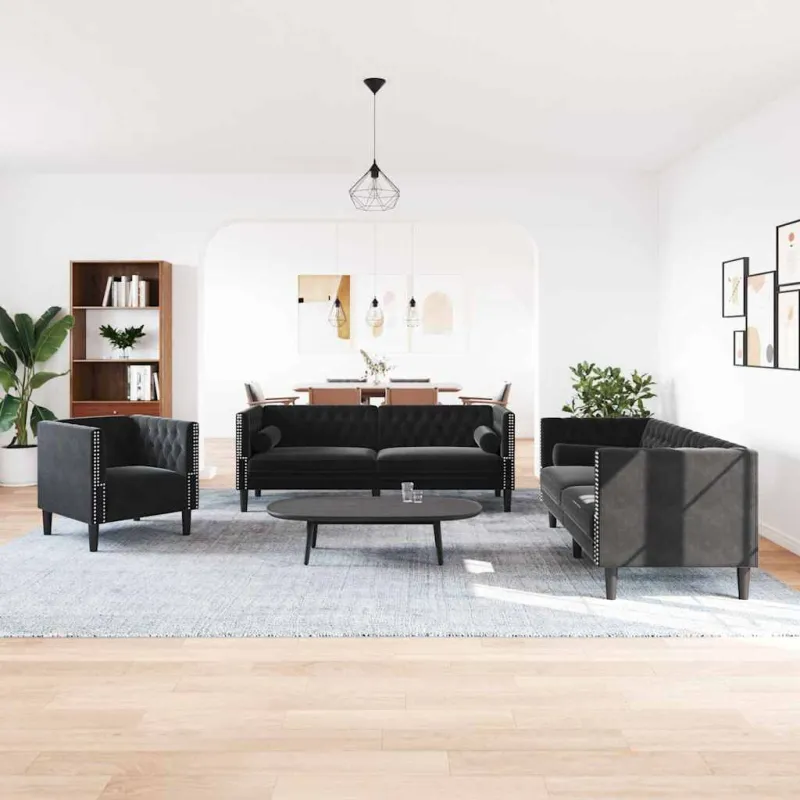 Svetainės sofa 3 pcs Juoda 194 x 74,5 x 70,5 cm Aksomas