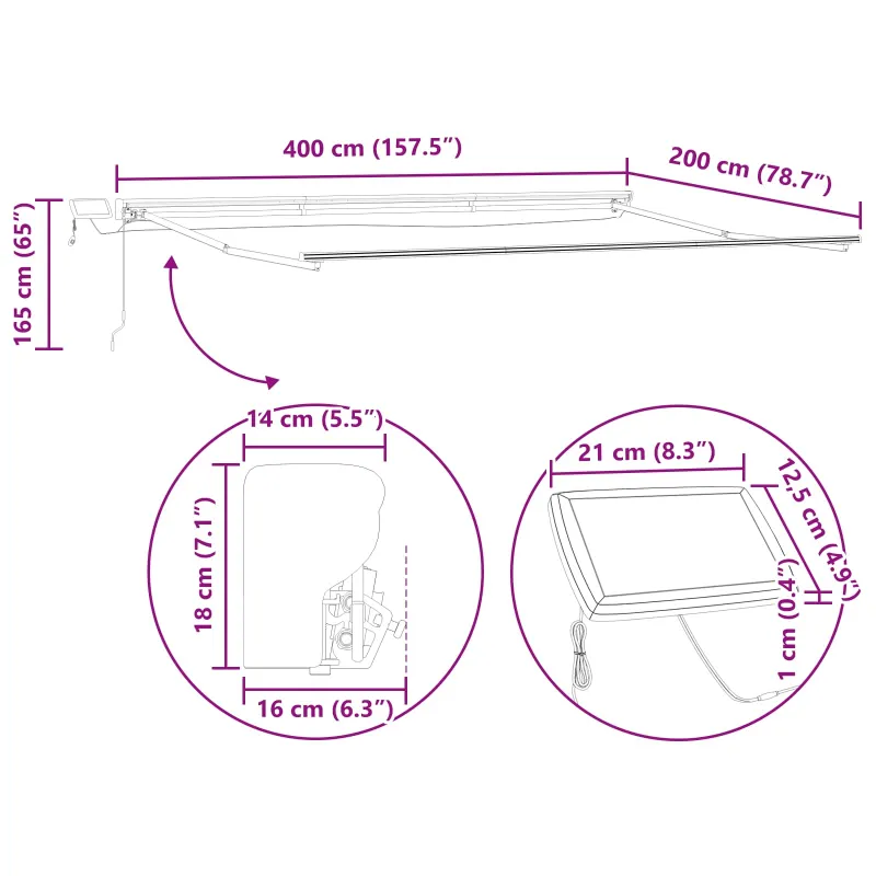 Rankinis markizės rėmas su LED Bežinė ir balta 4 x 2 m