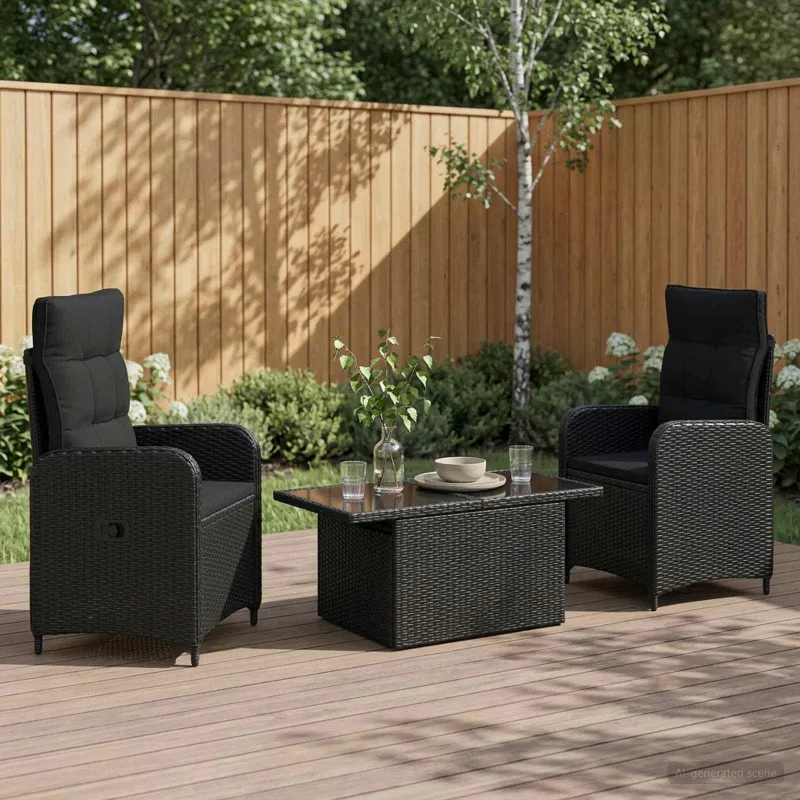 Lauko valgomojo komplektas 3 pcs Juoda poliratanas