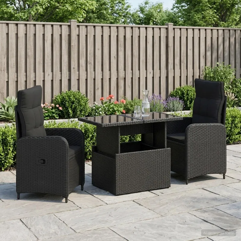Lauko valgomojo komplektas 3 pcs Juoda poliratanas