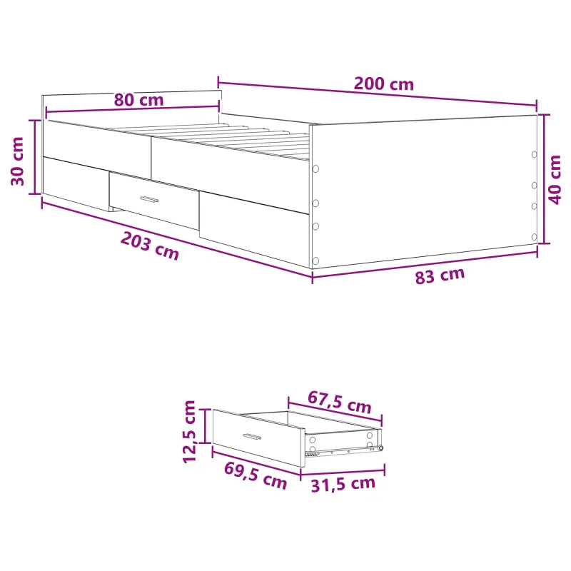 Lovos rėmas su saugojimu su stalčių Sonoma ąžuolas 80 x 200 cm