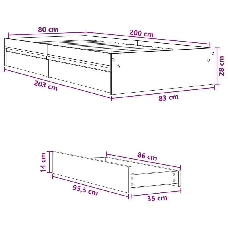 Lovos rėmas su saugojimu su stalčių Sonoma ąžuolas 80 x 200 cm