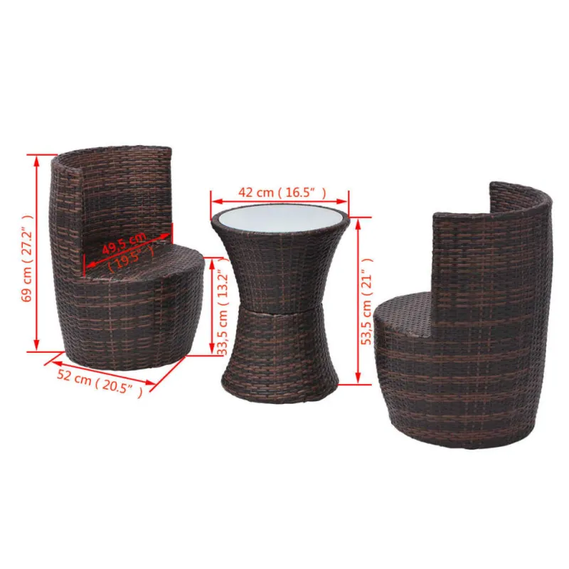Bistrokalustekoko setti pehmusteilla, 3D, polyrattana, ruskea