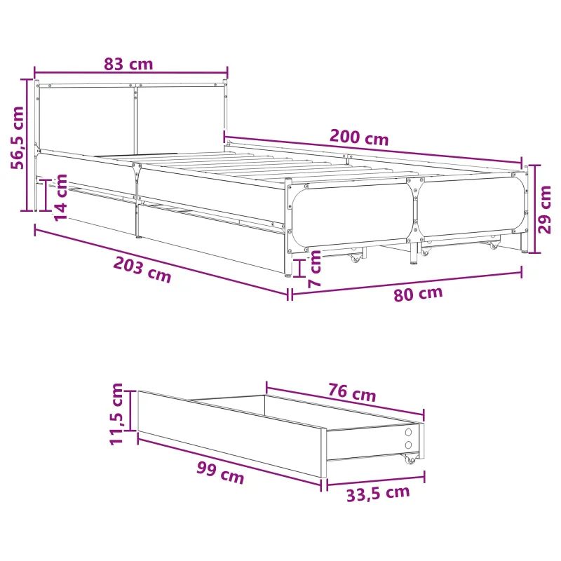 Lovos Rėmas su Galvūgaliu su stalčių Sonoma ąžuolas 80 x 200 cm