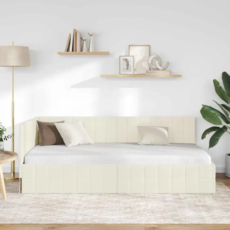 Kampinė lovos konstrukcija Kreminė 90 cm x 190 cm Aksomas