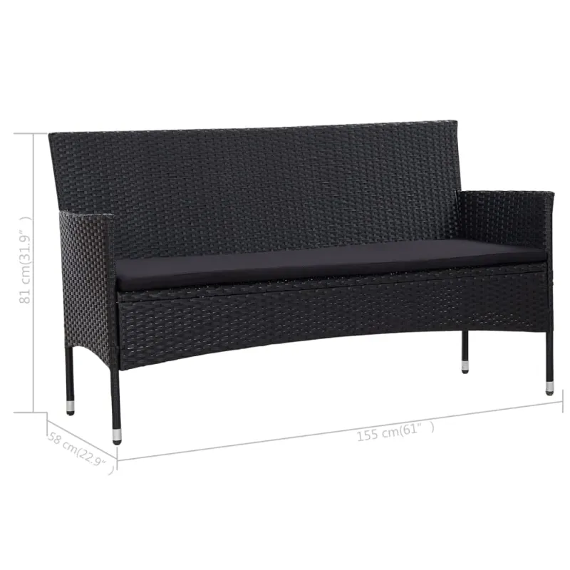 Trivietė sodo sofa su pagalvėlėmis, juodos spalvos, poliratanas