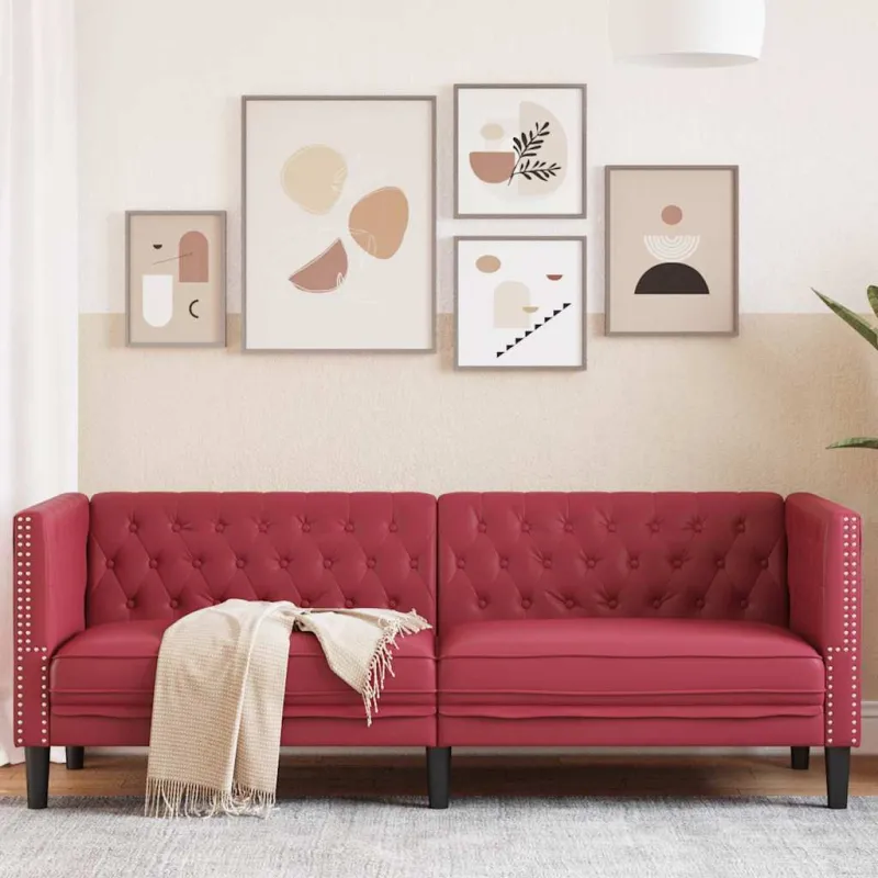 Trivietė chesterfield sofa, raudonojo vyno sp., dirbtinė oda