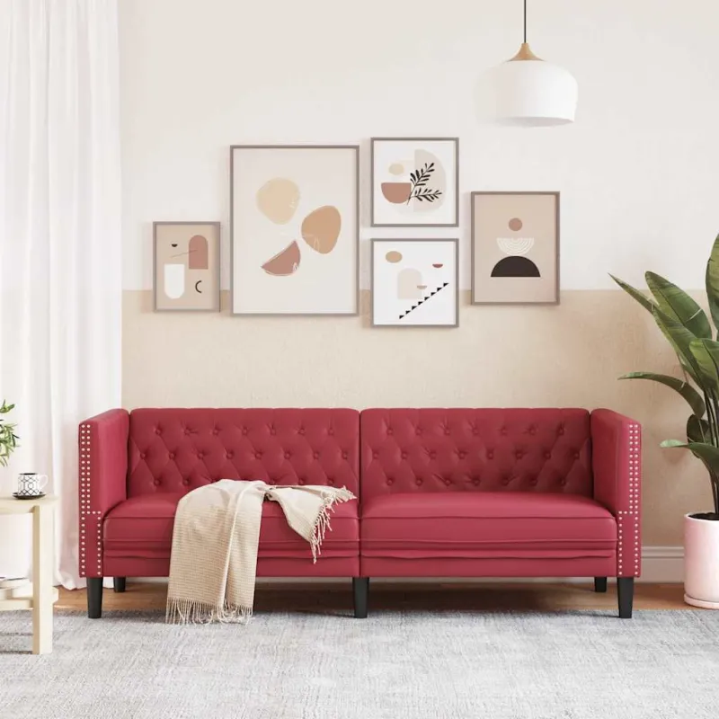 Trivietė chesterfield sofa, raudonojo vyno sp., dirbtinė oda