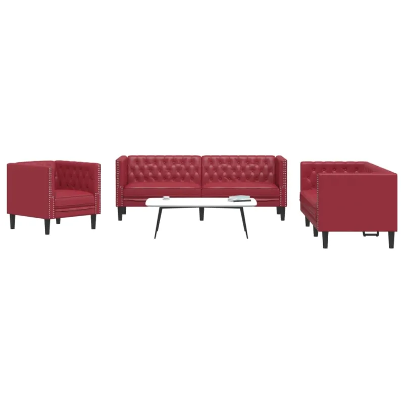 Chesterfield sofų komplektas, 3 dalių, raudonojo vyno spalvos