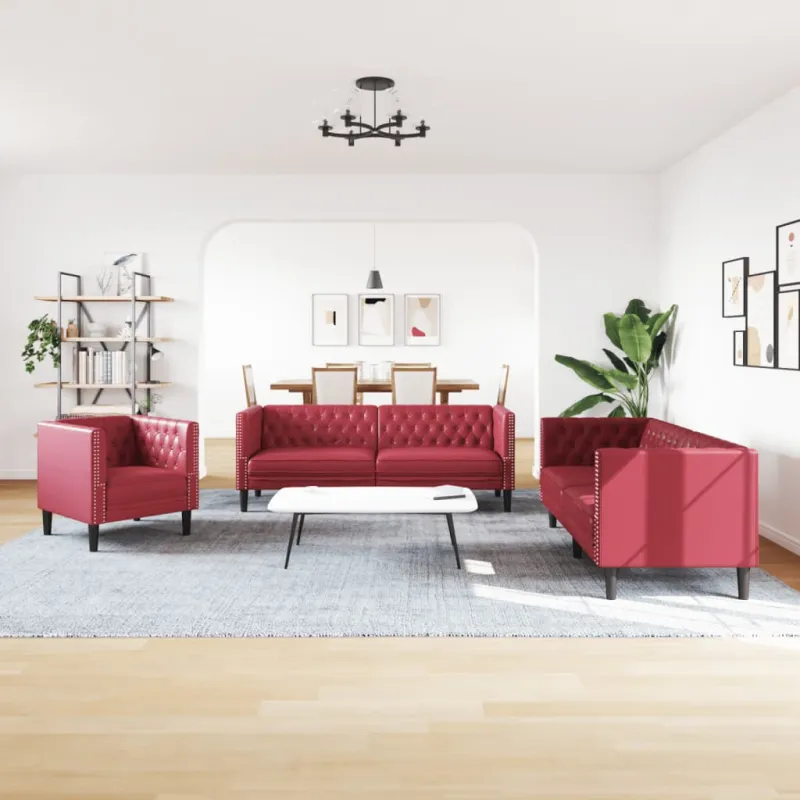 Chesterfield sofų komplektas, 3 dalių, raudonojo vyno spalvos