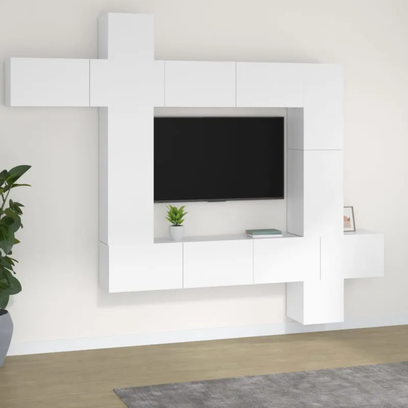 Televizoriaus spintelių komplektas, 9 dalių, baltas, mediena
