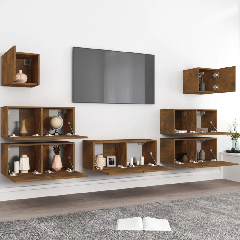 TV spintelių komplektas, 7 dalių, dūminio ąžuolo, mediena