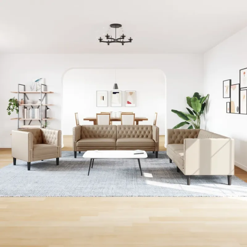 Chesterfield sofų komplektas, 3 dalių, kapučino, dirbtinė oda