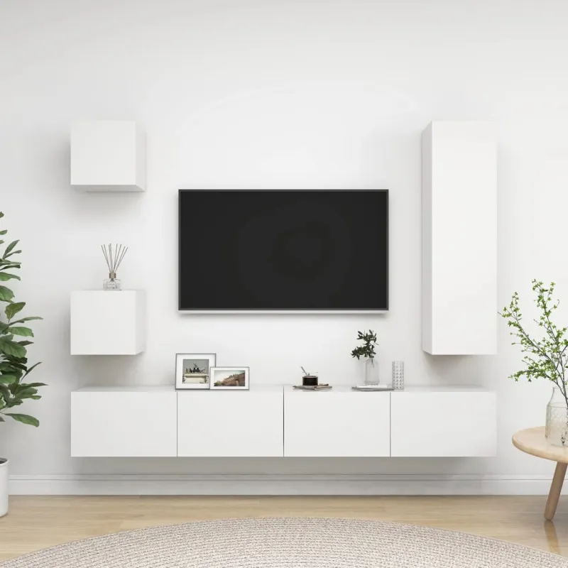 Televizoriaus spintelių komplektas, 5 dalių, baltas, mediena