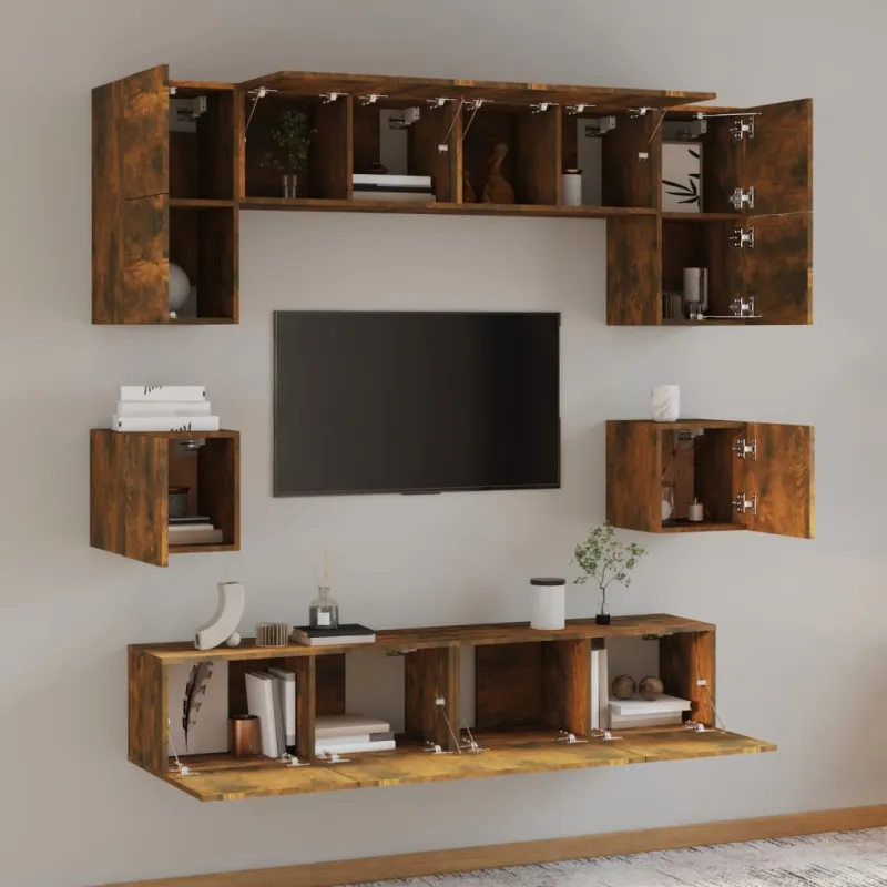 TV spintelių komplektas, 8 dalių, dūminio ąžuolo, mediena