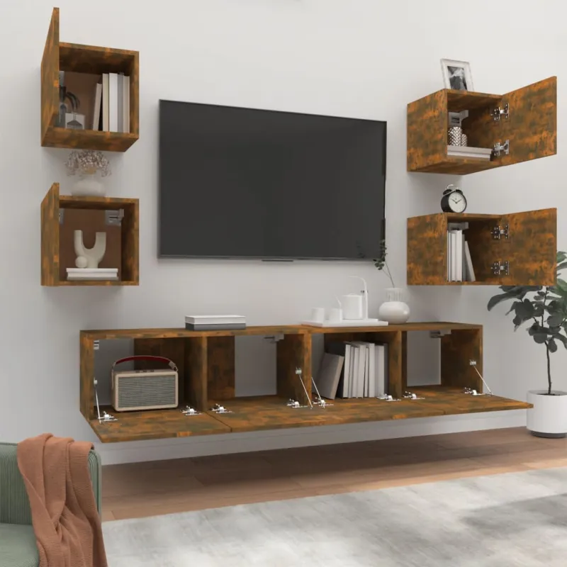 TV spintelių komplektas, 6 dalių, dūminio ąžuolo, mediena