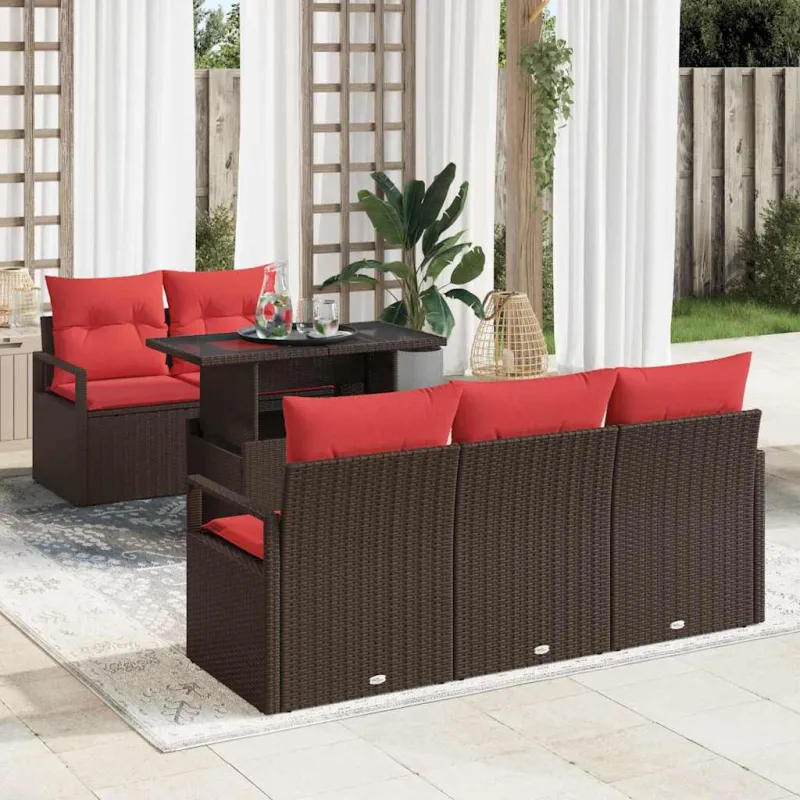 Sodo Sofų Rinkinys su pagalve 6 pcs Ruda Poli ratanas