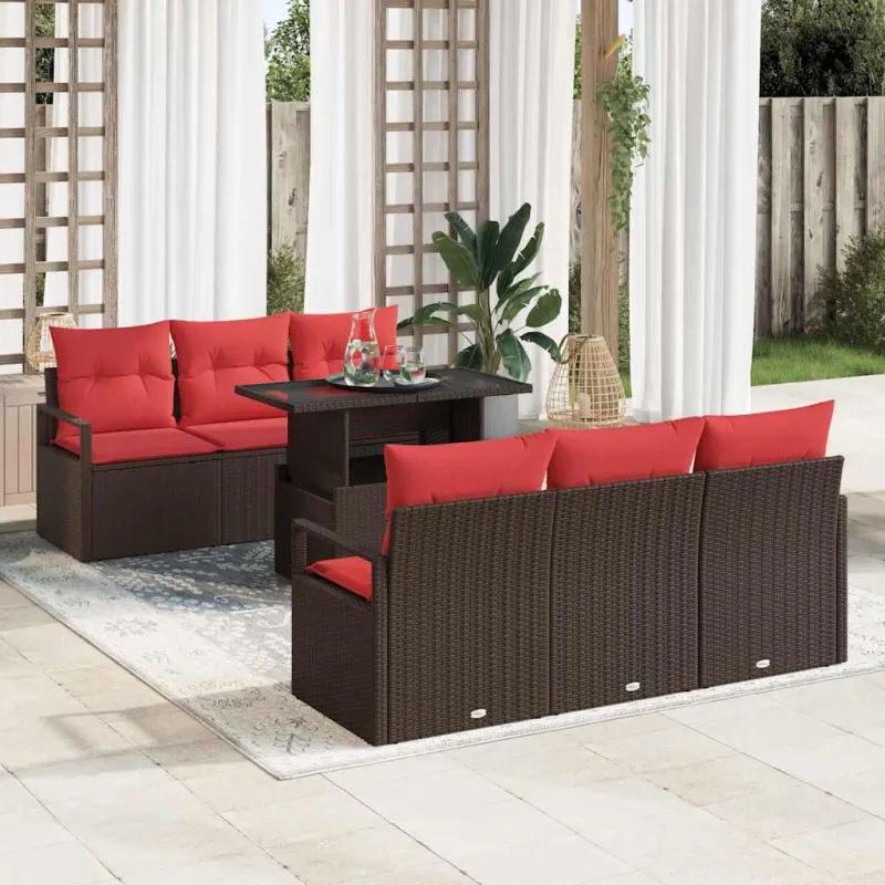 Sodo Sofų Rinkinys su pagalve 7 pcs Ruda Poli ratanas