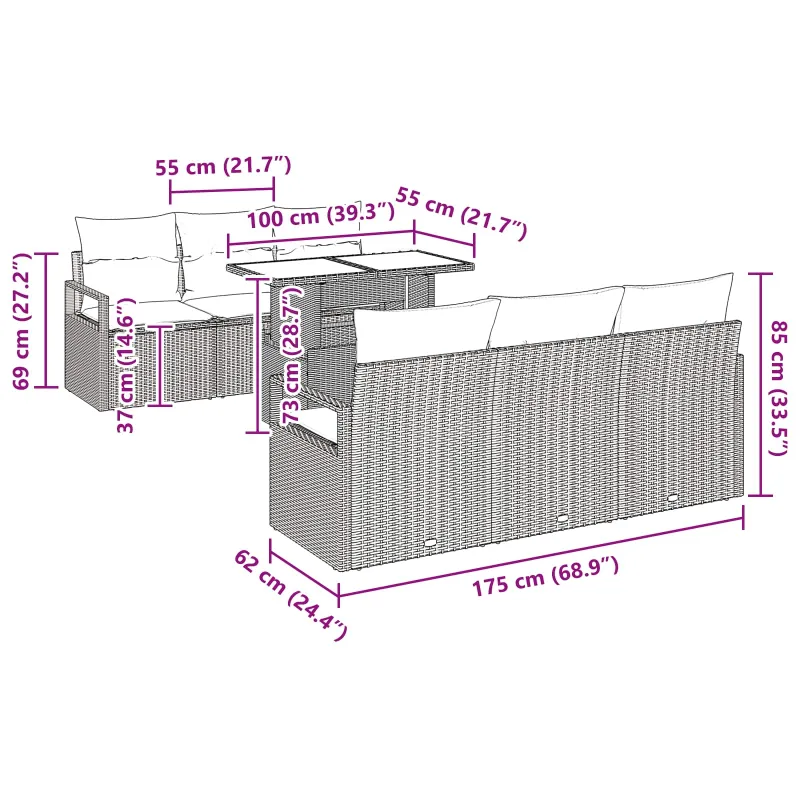 Sodo Sofų Rinkinys su pagalve 7 pcs Ruda Poli ratanas