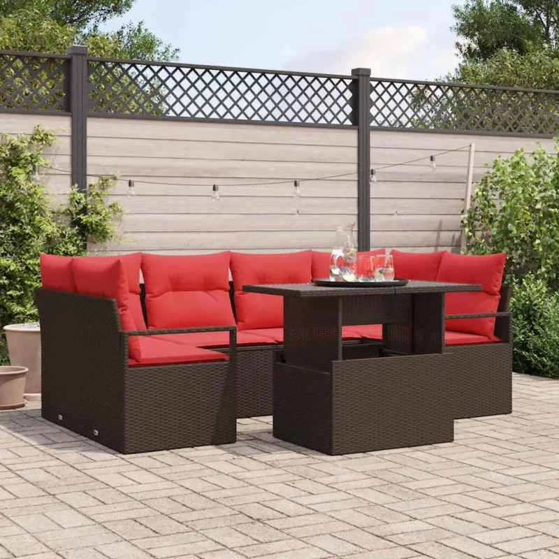 Sodo Sofų Rinkinys su pagalve 7 pcs Ruda Poli ratanas