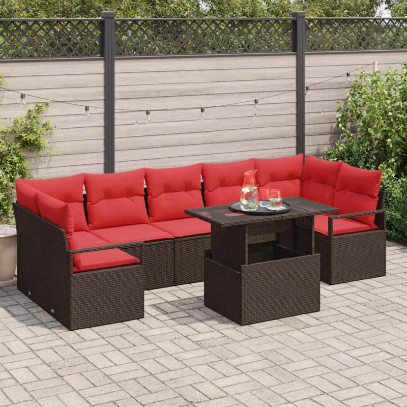 Sodo Sofų Rinkinys su pagalve 8 pcs Ruda Poli ratanas