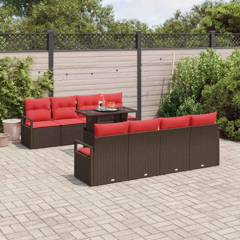 Sodo Sofų Rinkinys su pagalve 9 pcs Ruda Poli ratanas