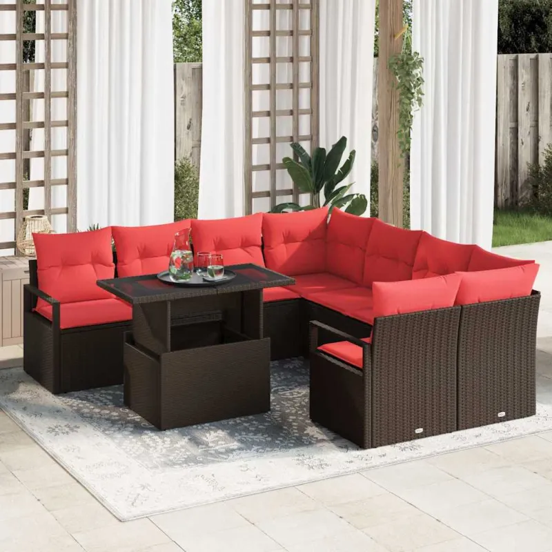 Sodo Sofų Rinkinys su pagalve 9 pcs Ruda Poli ratanas