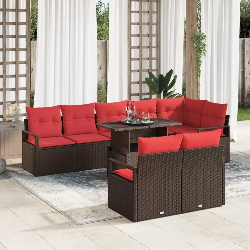 Sodo Sofų Rinkinys su pagalve 9 pcs Ruda Poli ratanas