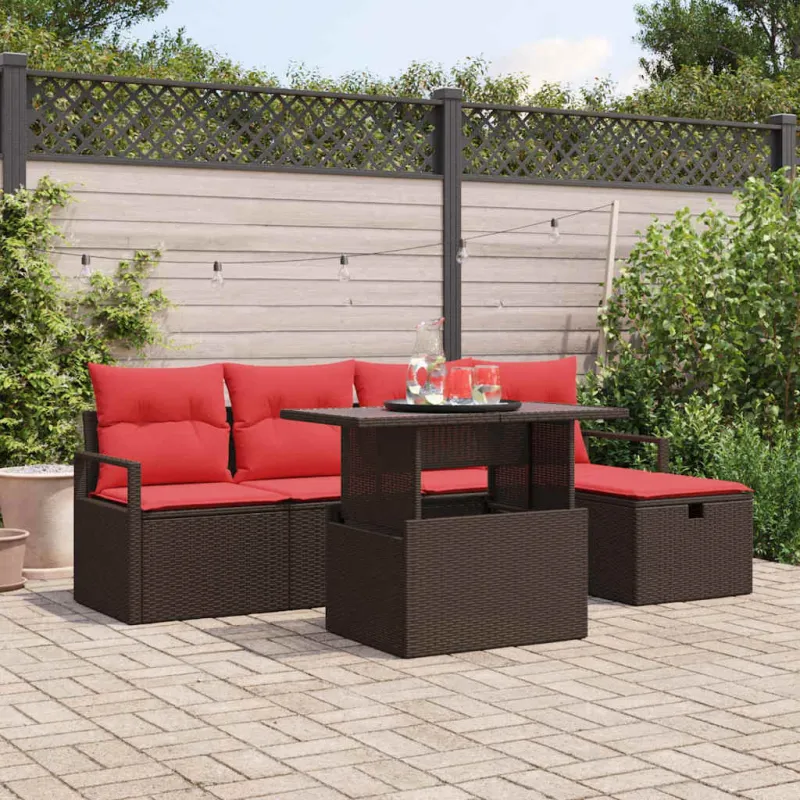 Sodo Sofų Rinkinys su pagalve 6 pcs Ruda Poli ratanas