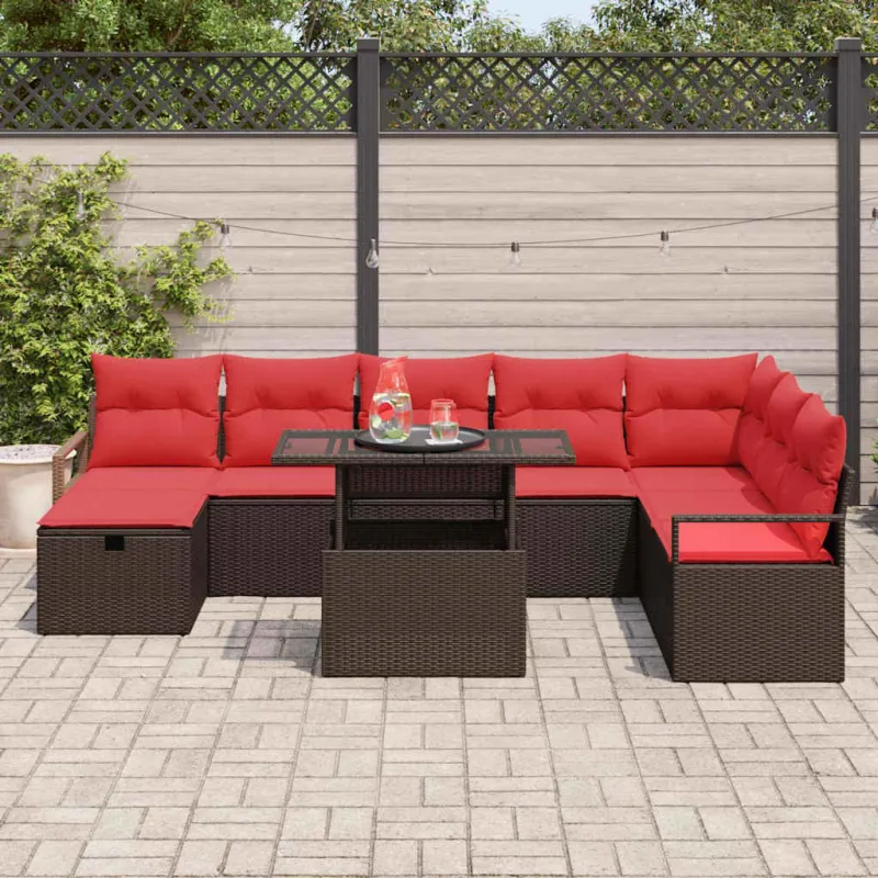Sodo Sofų Rinkinys su pagalve 9 pcs Ruda Poli ratanas