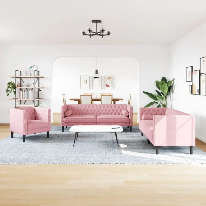 Chesterfield sofų komplektas su pagalvėlėmis, 3 dalių, rožinis