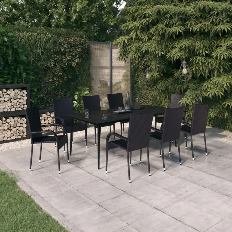 Sodo valgomojo baldų komplektas, 9 dalių, juodos spalvos
