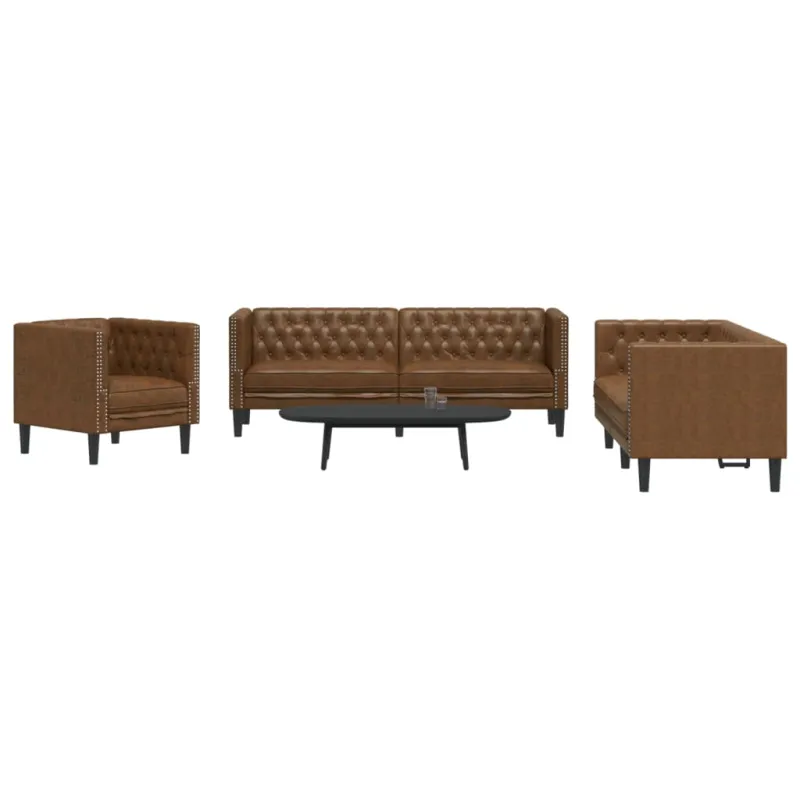 Chesterfield sofų komplektas, 3 dalių, rudas, dirbtinė oda