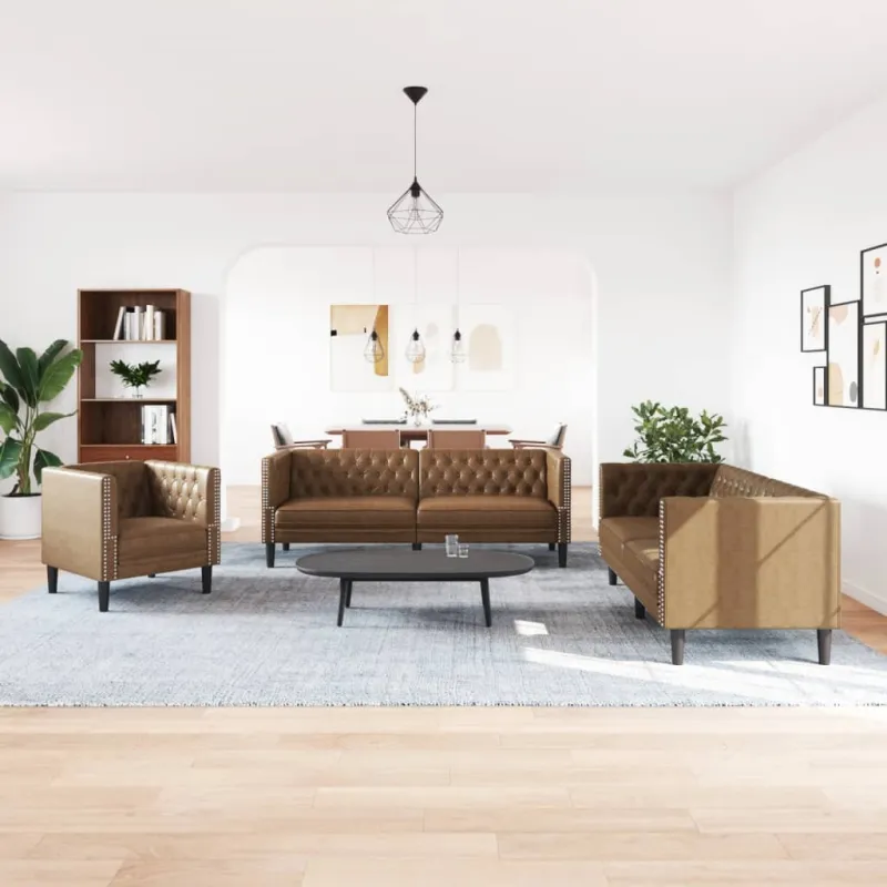 Chesterfield sofų komplektas, 3 dalių, rudas, dirbtinė oda