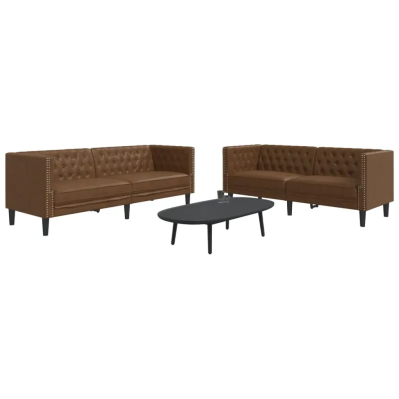 Chesterfield sofų komplektas, 2 dalių, rudas, dirbtinė oda