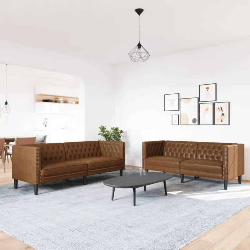 Chesterfield sofų komplektas, 2 dalių, rudas, dirbtinė oda