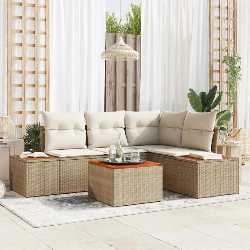 Sodo Sofų Rinkinys su pagalve 5 pcs Smėlio Poli ratanas